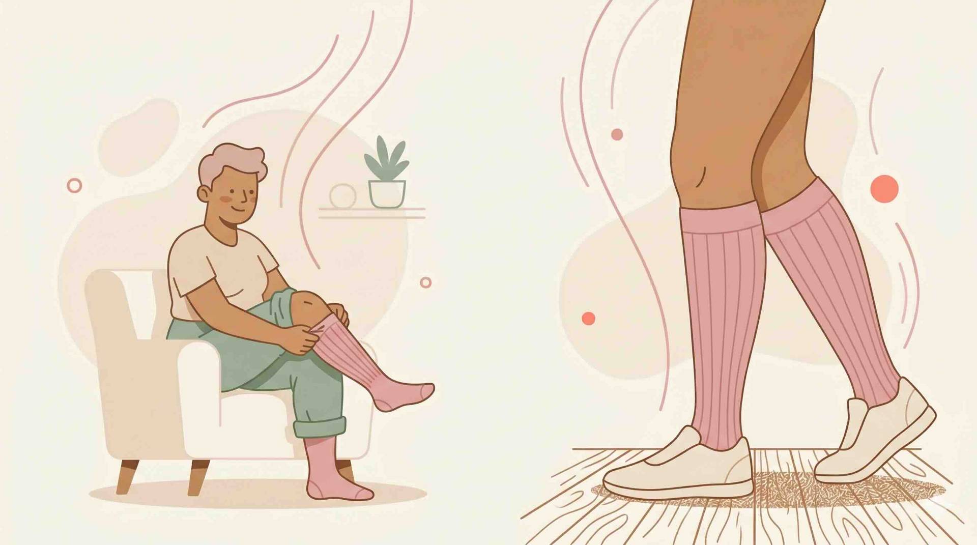 Illustration : enfiler des chaussettes de contention et marcher au quotidien